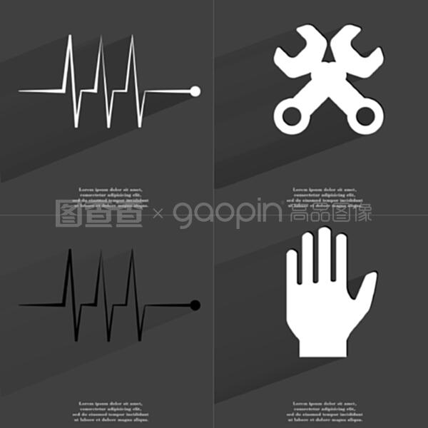 扁平化图标设计 脉冲、扳手与手的视觉符号